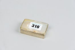 A white metal and mother of pearl oblong lidded pill box