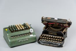 A Corona no. 3 typewriter (no case) and a Bell Punch Company Ltd desktop adding machine