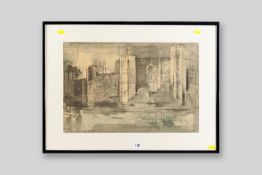 JOHN PIPER coloured print - Quayside walls and Tower of Caernarfon Castle, printed signature, 13 x