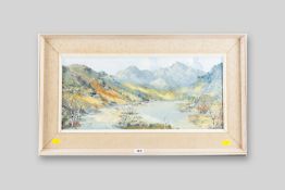 CHARLES WYATT WARREN oil on board - Snowdonia lake scene with distant cottage, signed, 9.25 x 21 ins