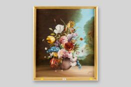 JAN oil on canvas - still life, colourful flowers in a vase with a landscape background, signed,