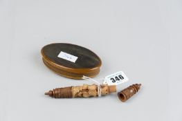 An oval bone snuff box and an Oriental carved wood needle case