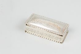 A snuff box - an oblong bright cut silver snuff box with domed lid and crimped edging, believed