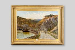 CHARLES FRANCE oil on canvas - harbour scene with boats and drover and sheep on adjoining lane,
