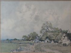ERNEST GUERIN (French 1887-1952) watercolour - Breton thatched houses with numerous figures,