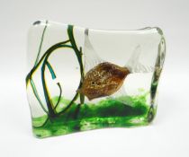 A Murano glass 'Aquarium' slab paperweight, with single tropical fish amongst reeds, probably by