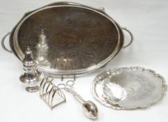 A parcel of EPNS including good footed and galleried oval tray with pierce-work and twin-handles,