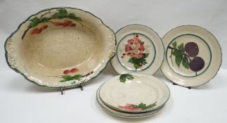 Six Llanelly pottery painted items comprising 'Cherry' oval serving-dish, three 'Plum' tea-plates, a