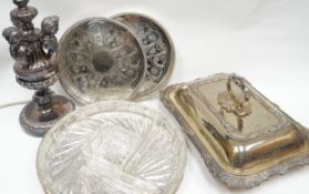 A circular-based EPNS electric table-lamp with figure-head column, an EPNS entree dish, an EPNS