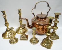 A parcel of metalware comprising a nineteenth century copper kettle and stand, an unusual pair of