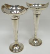 A pair of silver trumpet vases with flared and crimped necks, Birmingham 1938, 23.95ozs gross (