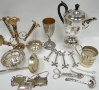 A parcel of EPNS including lobster-picks, wine labels, epergne, knife-rests etc