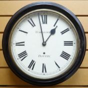 An ebonised circular dial wall-clock, bearing Roman numerals and inscribed HARGREAVES - BAWTRY, 15.