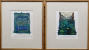 ABRAHAM pair of printer's proof coloured prints - abstract, signed and dated 1977, 28 x 21ins (73