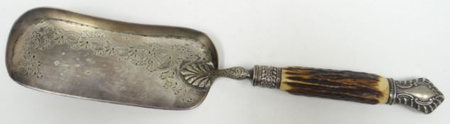 A highly decorative late-Victorian horn and silver handled EPNS crumb-scoop by Allen & Darwin