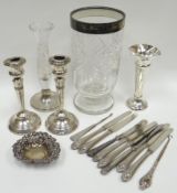 A parcel of mixed silver / part silver items including flatware and vases, some items damaged