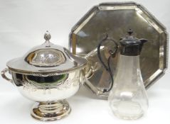 An EPNS lidded punch-bowl and ladle, an EPNS octagonal tray and an EPNS and etched glass claret jug