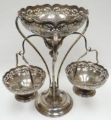 A silver hanging-basket epergne, raised upon a circular foot with three looping supports adjoining