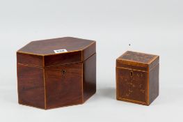A nineteenth century walnut tea caddy with satinwood cross-banding, boxwood stringing and floral