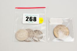 Three silver shillings, 1696, 1816 and 1887 and an 1887 florin