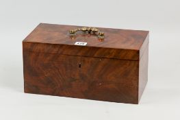 A Regency figured mahogany tea caddy with brass carrying handle, pink velvet lined interior with two