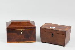 Two Victorian tea caddys, one with swept chamfered lid and ivory escutcheon, the other mahogany