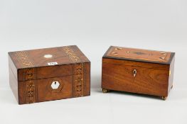 A Victorian walnut lidded box with Tunbridge ware style inlaid banding, mother of pearl cartouche