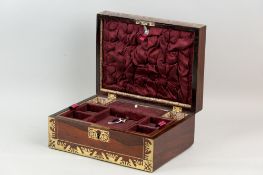 A Victorian rosewood and heavily brass inlaid jewellery box with re-lined satin and papered