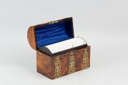 A good 19th Century burr walnut dome topped stationery casket with pierced brass strap