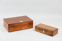 A Victorian mahogany watch box with swing brass closing hooks, re-lined leather interior with