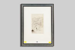 JOSEPH PENNELL ink drawing - Llangollen Bridge over the Dee with figures etc, signed, 22 x 13 cms