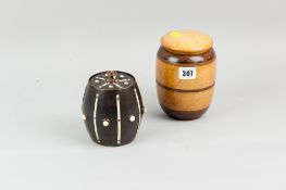 A turned wooden-lidded tobacco jar along with a hardwood lidded tobacco jar, barrel-shaped with bone