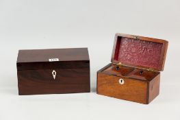 A Victorian mahogany tea caddy of simple form with bone escutcheon and twin lidded interior, 12 x 24