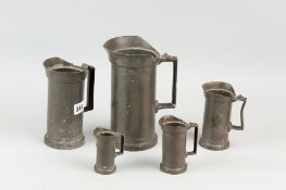 A set of five French cast pewter style measures of tankard form, marked 'Litre', 'Demi-Litre', '