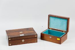 A mahogany line inlaid jewellery box with mother of pearl button and escutcheon decoration, 9 x 20