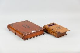 A Victorian mahogany book shaped box with carved spine and ebony inlay, re-lined satin interior with