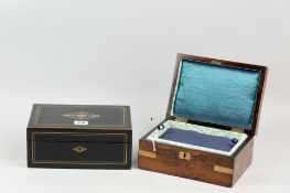 A Victorian ebony veneered and brass inlaid jewellery box with interior lift out tray and a brass