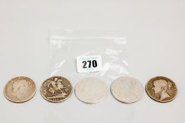 Five silver crowns, 1673, 1679, 1820, 1821 and 1844
