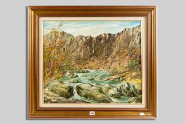 GWYNETH TOMOS oil on canvas - stream running down from mountainside in Winter, entitled verso '