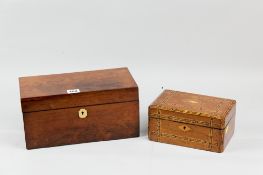 A Victorian rosewood lidded storage box with brass escutcheon and re-lined interior, 15 x 30 cms and