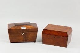A Victorian mahogany sarcophagus shaped tea caddy with twin lidded interior, mother of pearl