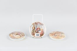 Three Victorian pottery pot lids decorated with prattware scenes, one titled 'The Rivals', one