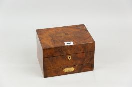 A Victorian walnut medical box for small bottles and test tubes and containing various medicinal