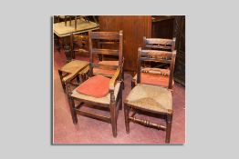 A Victorian centre pedestal breakfast table and a set of four similar period rush seated bobbin