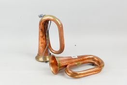 A pair of old copper and brass bugles, one bearing the inscription '14 5WF' with remaining