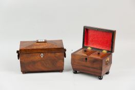 A 19th Century walnut sarcophagus shaped tea caddy with ivory escutcheon, turned wood ring