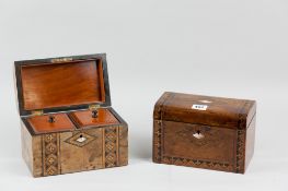 Two semi-dome topped Victorian walnut tea caddies with Tunbridge ware style banding, mother of pearl