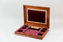 A shallow Victorian mahogany jewellery box with brass top plaque and escutcheon, the interior with