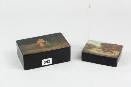 A nineteenth century papier mache box, the hinged lid hand-painted with a horse-riding scene, 12 cms