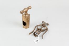 A James Heeley & Sons Ltd A1 double lever corkscrew along with a bronze tap shaped cylindrical tool,